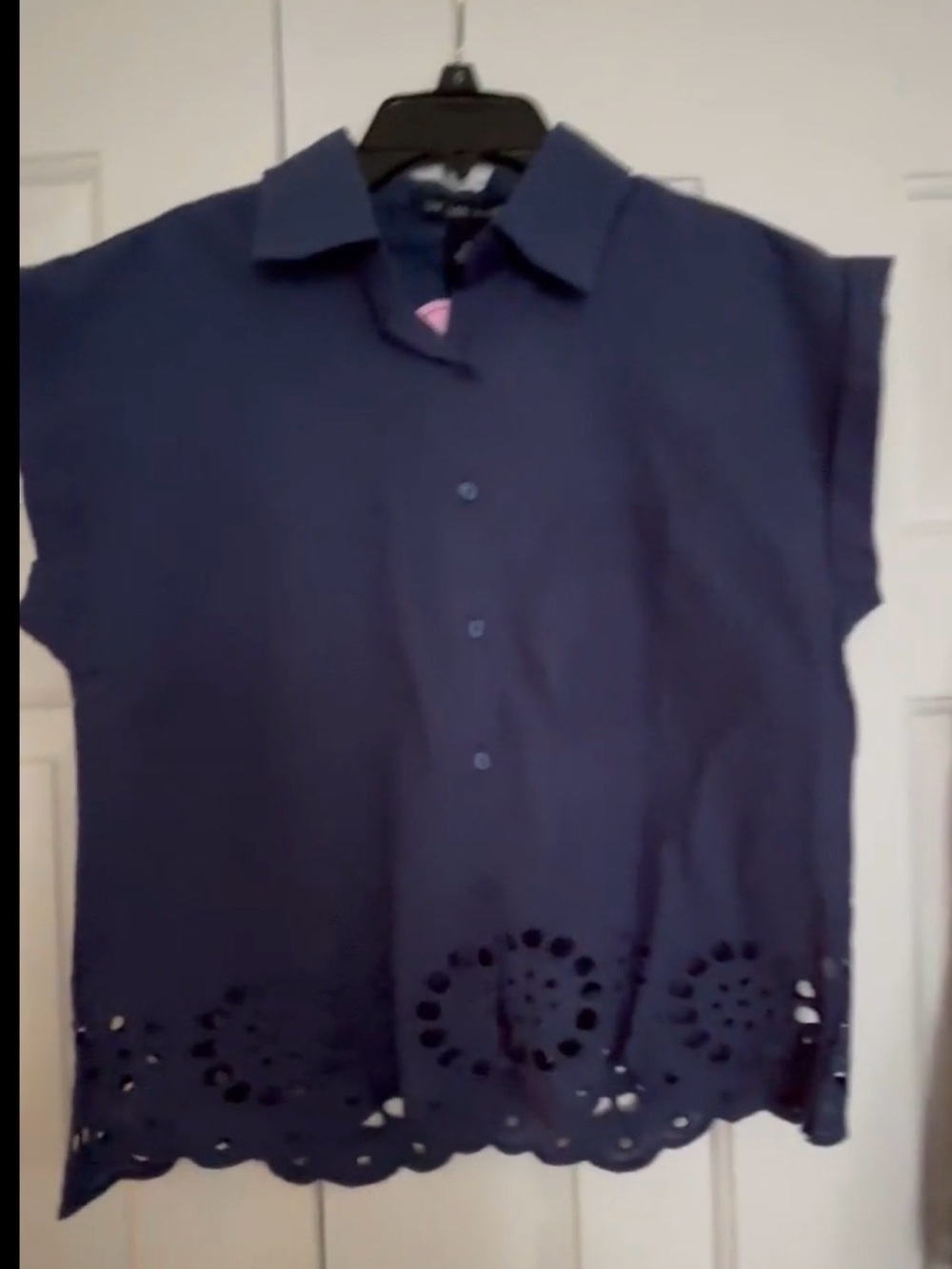 New Navy Eyelet Hem Button-Front Women's Top